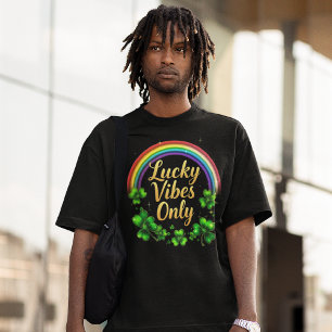 Rainbow Lucky Vibes only shamrock irish on black T-Shirt