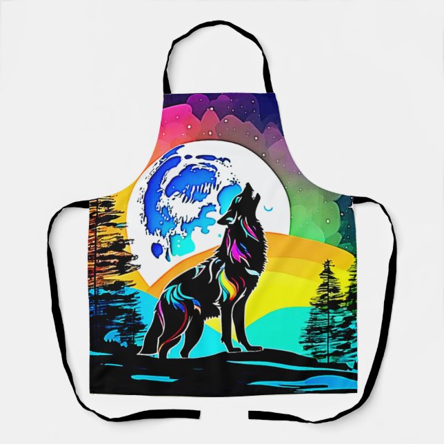Rainbow Lunar Wolf Howl Art Apron (Front)