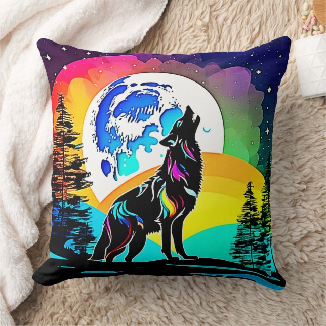 Rainbow Lunar Wolf Howl Art Cushion (Blanket)