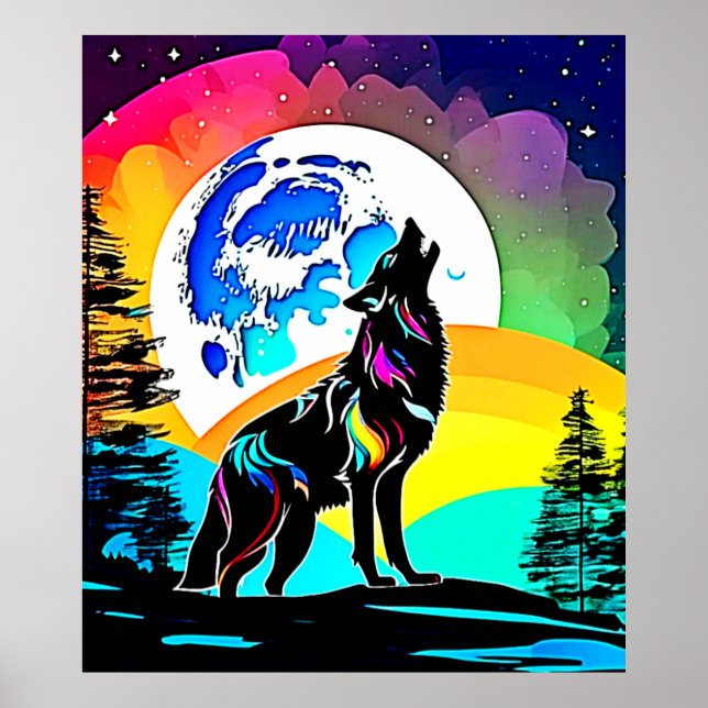 Rainbow Lunar Wolf Howl Art Poster (Front)