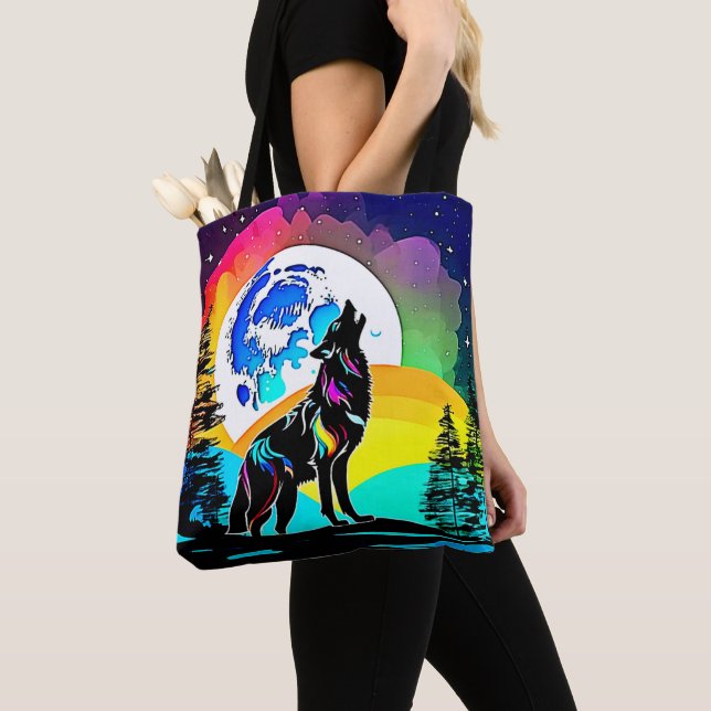 Rainbow Lunar Wolf Howl Art Tote Bag (Close Up)