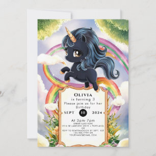 Rainbow Magical Black Unicorn Birthday Invitation