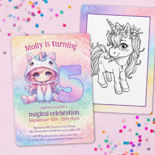 Rainbow magical chibi girl Unicorn 5th birthday Invitation