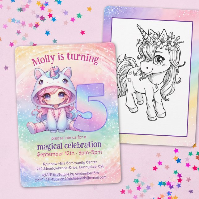 Rainbow magical chibi girl Unicorn 5th birthday Invitation (Creator Uploaded)