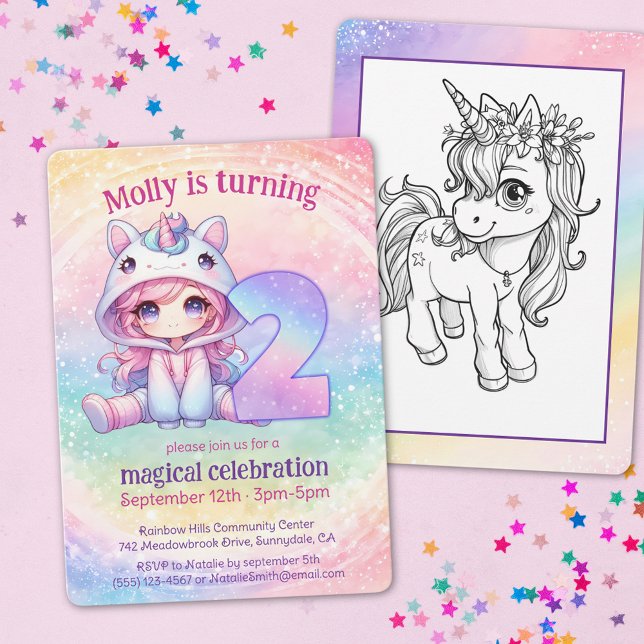 Rainbow Magical Chibi Unicorn birthday Invitation (Creator Uploaded)