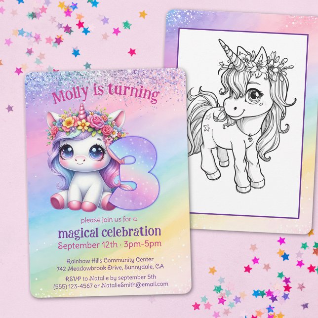 Rainbow magical Unicorn 3rd birthday Invitation (Creator Uploaded)