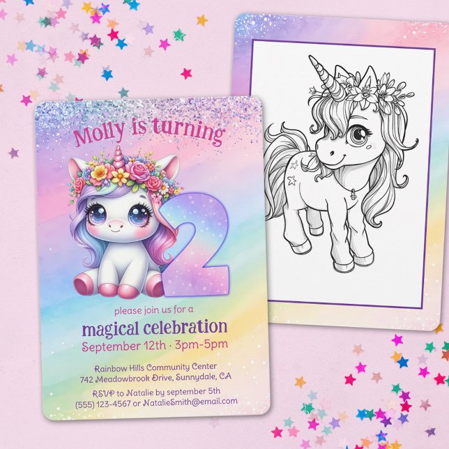 Rainbow magical Unicorn turning 2 birthday Invitation (Creator Uploaded)