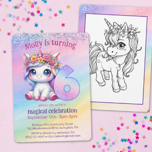 Rainbow magical Unicorn turning 6 birthday Invitation
