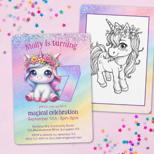 Rainbow magical Unicorn whimsicle 7th birthday Invitation