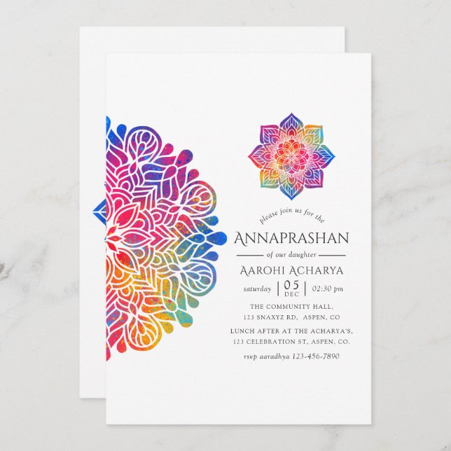 Rainbow Mandala Annaprashan First Rice Ceremony Invitation (Front/Back)