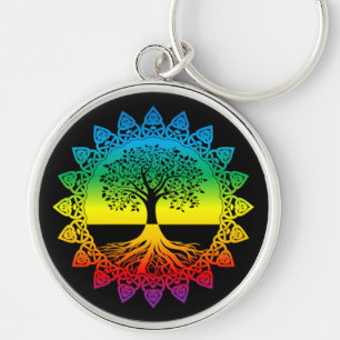Rainbow Mandala Celtic Tree of Life on Black Key Ring