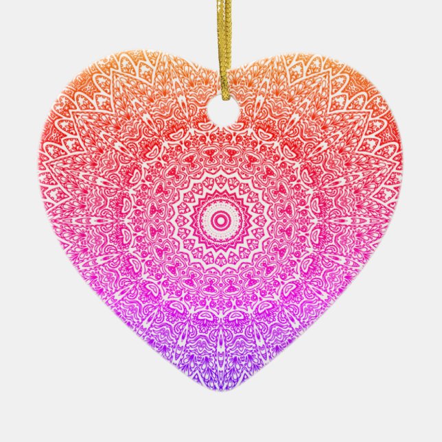 Rainbow Mandala Heart Boho Decor / Gift Ceramic Tree Decoration (Front)