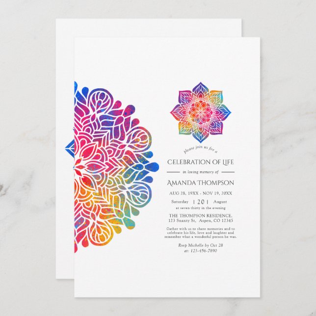 Rainbow Mandala Indian Celebration of Life Invitation (Front/Back)