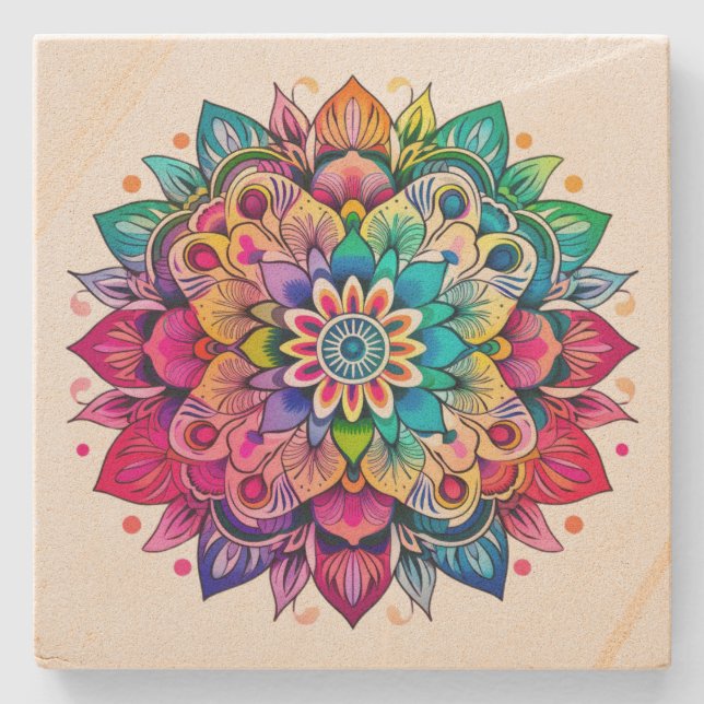 Rainbow Mandala  Stone Coaster (Front)