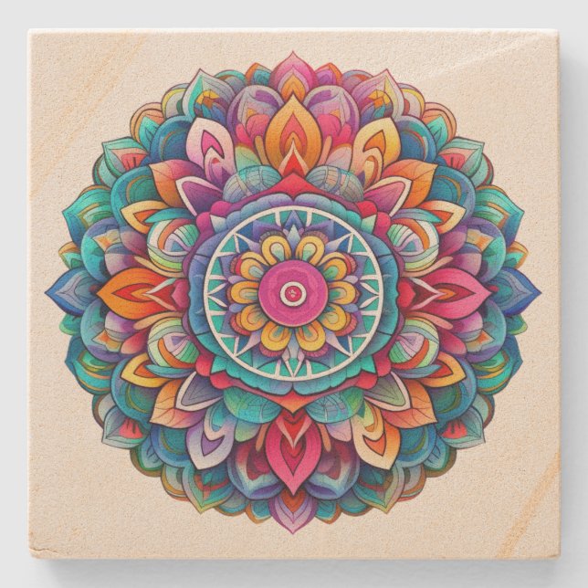 Rainbow Mandala  Stone Coaster (Front)