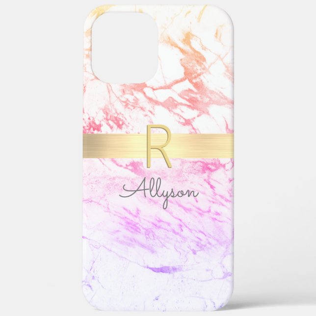 Rainbow Marble & Gold Bar, DIY Grey Name &Monogram Case-Mate iPhone Case (Back)