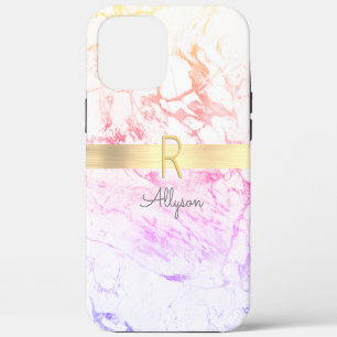 Rainbow Marble & Gold Bar, DIY Grey Name &Monogram iPhone 12 Pro Max Case