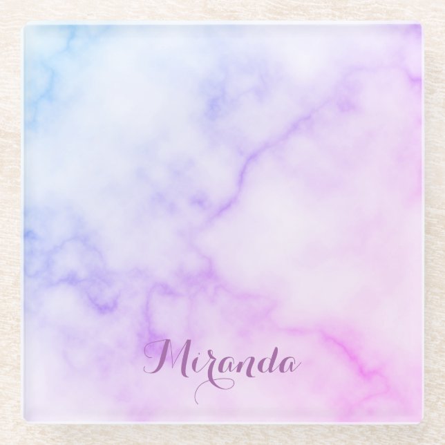 Rainbow Marble Pattern with Personalised Name Glass Coaster (Front)