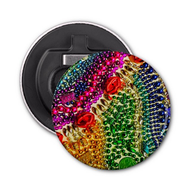 RAINBOW Mardi Gras Bead Art button bottle opener (Front)