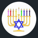 Rainbow Menorah Classic Round Sticker<br><div class="desc">Rainbow Menorah where some items like greeting cards have customisable text "Happy Hanukkah"</div>