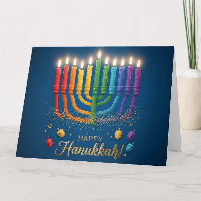 Rainbow Menorah Glow – Happy Hanukkah Card (Front)