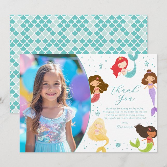 Rainbow Mermaid Birthday Thank You Card (Front/Back)