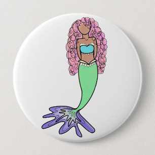 rainbow mermaid pink blue purple green black curly 10 cm round badge