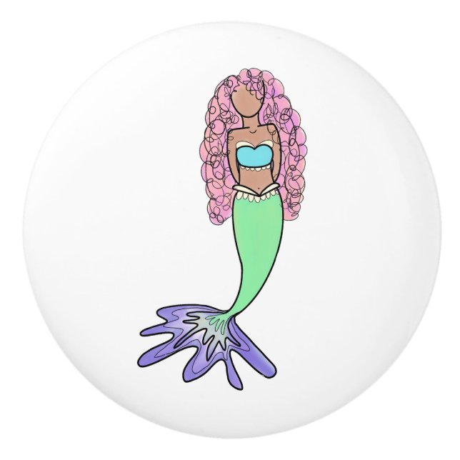 rainbow mermaid pink blue purple green black curly ceramic knob (Front)