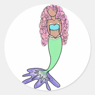 rainbow mermaid pink blue purple green black curly classic round sticker