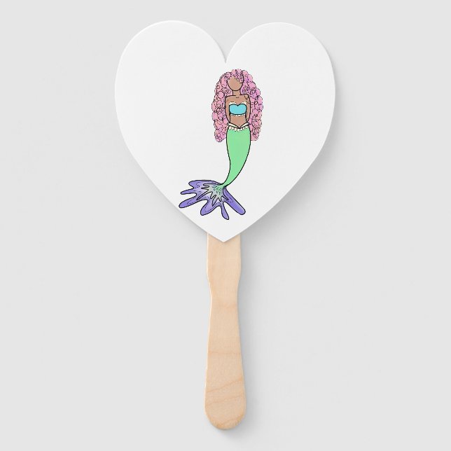 rainbow mermaid pink blue purple green black curly hand fan (Front)