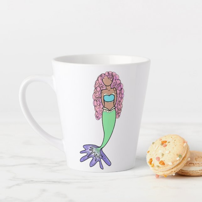 rainbow mermaid pink blue purple green black curly latte mug (In Situ)
