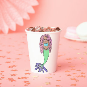 rainbow mermaid pink blue purple green black curly paper cups