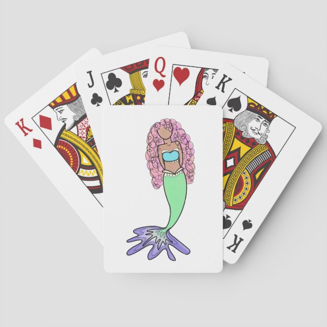 rainbow mermaid pink blue purple green black curly playing cards (Back)