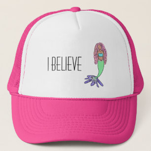 rainbow mermaid pink blue purple green black curly trucker hat