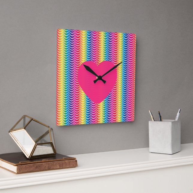 Rainbow Mermaid Pride Heart Square Wall Clock (Office)