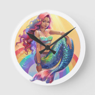 Rainbow Mermaid Round Clock