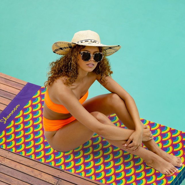 Rainbow Mermaid Scale Custom Name Beach Towel (Creator Uploaded)