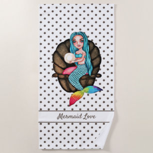 Rainbow Mermaid With Pearl In Watercolor Beach Towel