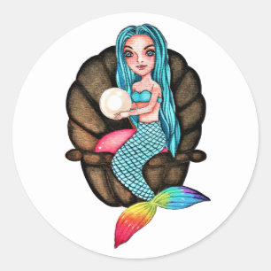 Rainbow Mermaid With Pearl In Watercolor Classic Round Sticker