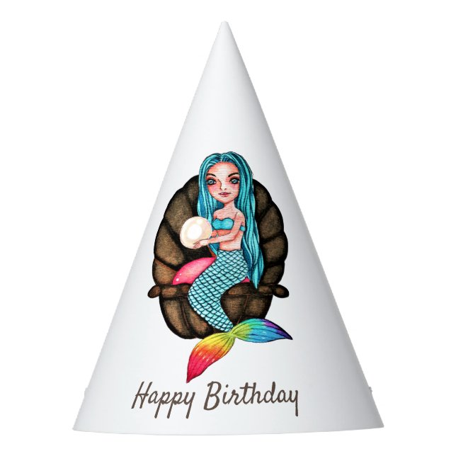 Rainbow Mermaid With Pearl In Watercolor Party Hat (Front)