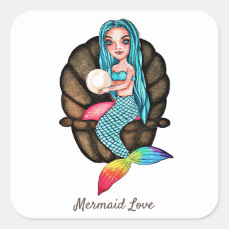 Rainbow Mermaid With Pearl In Watercolor Square Sticker