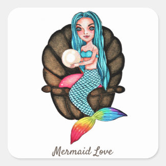 Rainbow Mermaid With Pearl In Watercolor Square Sticker