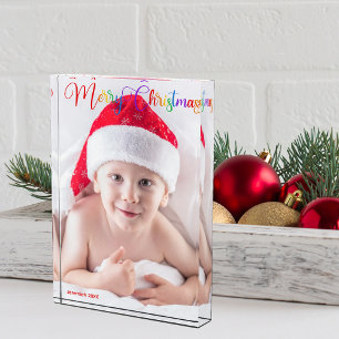 Rainbow Merry Christmas Script Overlay Baby Photo Block