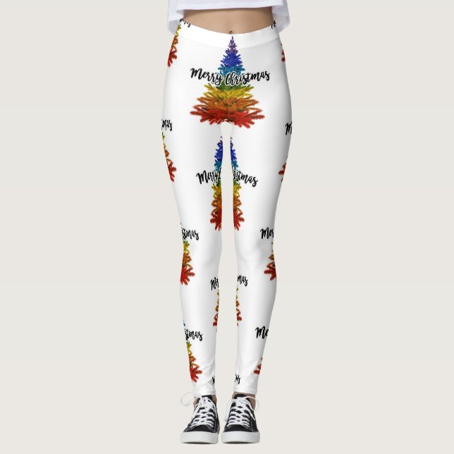 rainbow merry christmas tree leggings (Front)
