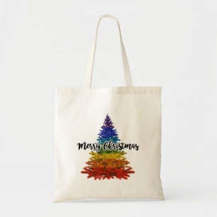 rainbow merry christmas tree tote bag