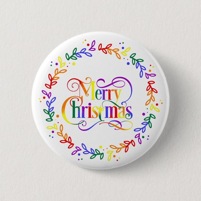 Rainbow Merry Christmas Wreath Button (Front)