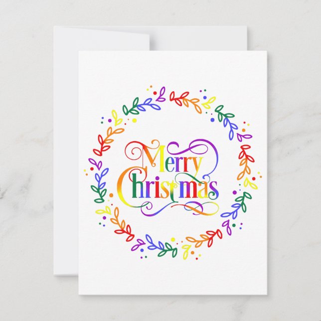 Rainbow Merry Christmas Wreath Flat Christmas Card (Front)