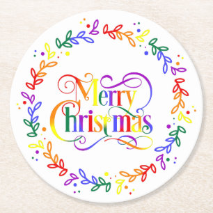 Rainbow Merry Christmas Wreath Paper Coasters