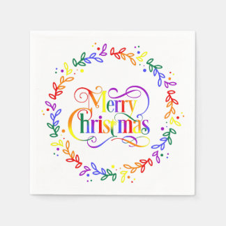 Rainbow Merry Christmas Wreath Paper Napkins