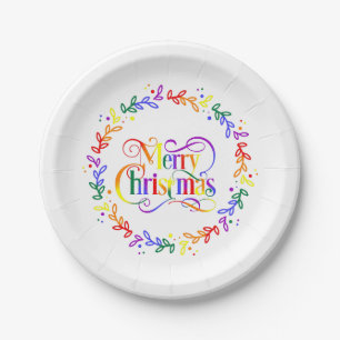 Rainbow Merry Christmas Wreath Paper Plates